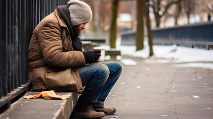 A homeless man is sitting on the sidewalk without clothes and food. Social problems.