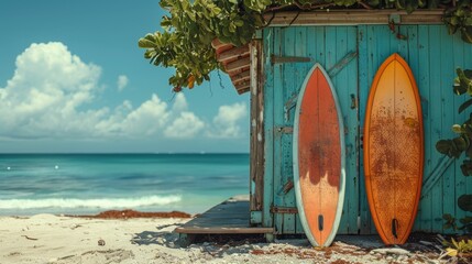 nostalgic beach vibes, old surfboards against a rustic beach shack, creating a vintage summer vibe