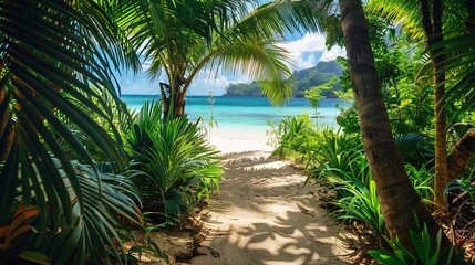 Sandy path leading to a tranquil, turquoise beach framed by lush green tropical plants