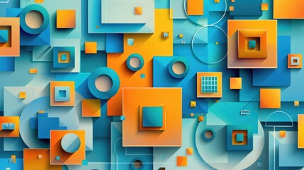 Abstract background with colorful geometric shapes and squares in turquoise, blue, orange and yellow colors. Modern wallpaper design for posters, covers or packaging