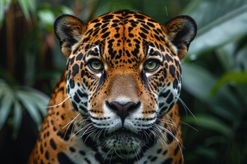 Fototapeta premium Striking image of a jaguar with spots staring directly at the camera against a lush green rainforest background