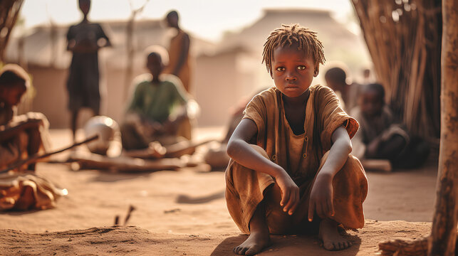 Portrait of a poor African child sitting on the floor in poverty.