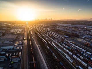 4K Ultra HD Image: Aerial Shot of Intermodal Train and Trucking Distribution Yard in Vernon,...