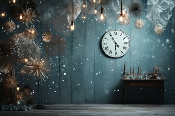 Mystical christmas scene with glittering lights, clock, and festive decorations on a snowy backdrop