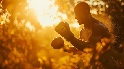 A man standing with boxing gloves in front of the sun - Powered by Adobe