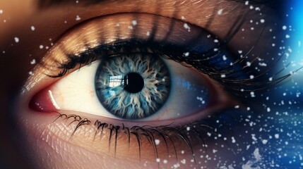 Naklejka premium Close-up of a human eye with intricate blue details and snowflakes, highlighting the beauty and complexity of the iris and eyelashes.