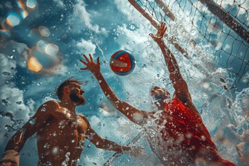 Dynamic underwater view of two male players playing volleyball in a pool with intense splashes