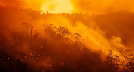 Naklejka premium Forest fire. Disaster, large-scale forest fires. Ecology concept. Environmental pollution. Aerial view. 