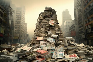 Massive heap of newspapers dominates a deserted city street shrouded in fog