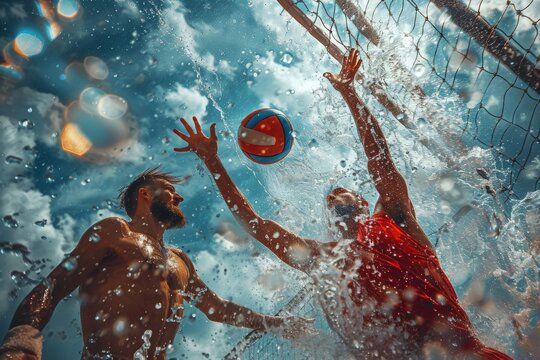 Dynamic underwater view of two male players playing volleyball in a pool with intense splashes