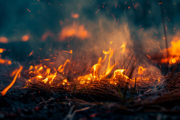 Burning peat bogs. Burning grass close up. Forest fire. Disaster, large-scale forest fires. Ecology concept. Environmental pollution.