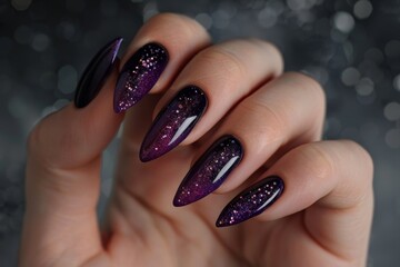 Hand Model With Long Almond-Shaped Nails Painted In A Dark Purple With Glitter Nail Polish Gray Background Nail Salon