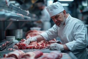 A chef expertly trims and prepares raw meat on a steel table in a fast-paced professional kitchen environment