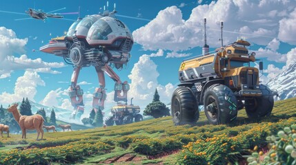 Retro futuristic farm atmosphere with robot animals in the savanna.