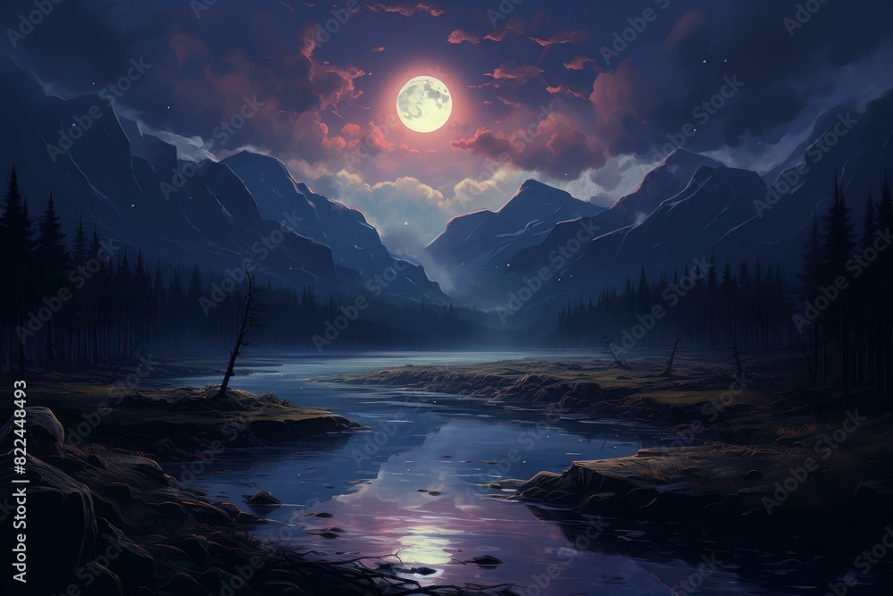 Poster serene and tranquil full moon mountain landscape scene with moonlight reflection on the river. creat