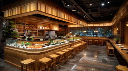 a sushi bar with calming lighting and traditional decor, providing an authentic japanese dining experience with wooden stools and a classic counter