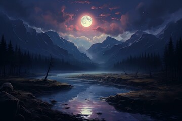 Serene and tranquil full moon mountain landscape scene with moonlight reflection on the river. Creating a peaceful and calming view of the untouched wilderness