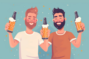 Two men with bottles of beer in their hands, drinking and rejoicing. Minimal flat design
