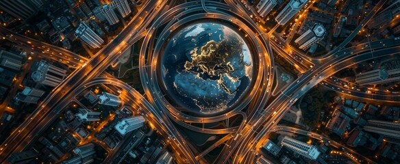 Aerial view of Earth globe surrounded by multiple highways, traffic lights glowing at night in city centers  Concept for global business technology and digital connectivity Generative AI