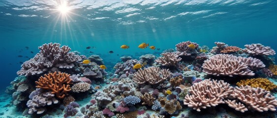 A vibrant coral reef teeming with colorful fish and marine life in the clear blue waters of the Red...