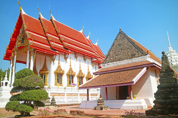 Naklejka premium Old Ordination Hall of Wat Chomphuwek Buddhist Temple with the New One, a National Ancient Monument in Nonthaburi Province, Thailand