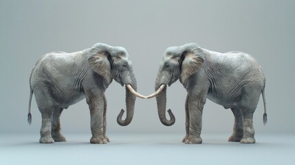 Two similar elephants bowed their heads to each other. Election. Racing concept. One party, two candidates