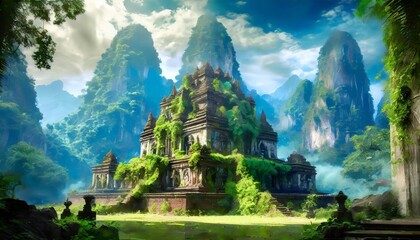 An ancient temple overgrown with vines and trees, set against a backdrop of towering natural mountains. - Powered by Adobe