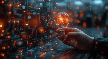 Businessman touching a glowing light bulb, representing innovation and technology