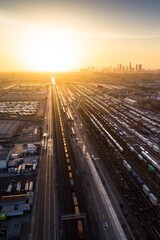 4K Ultra HD Image: Aerial Shot of Intermodal Train and Trucking Distribution Yard in Vernon,...