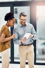 Businesspeople, woman and man with tablet in office for connection, communication and social media....