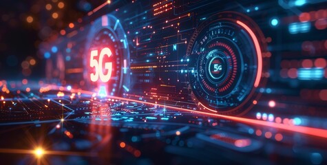 Futuristic illustration of advanced 5G technology in a high-tech digital environment