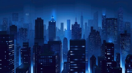 Abstract background with illuminated skyscrapers on a dark blue, white and black color palette,