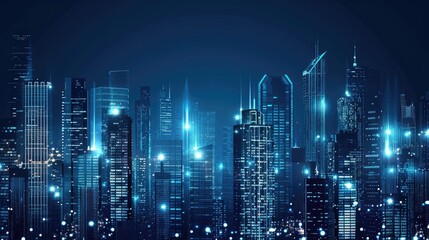 Abstract background with illuminated skyscrapers on a dark blue, white and black color palette,