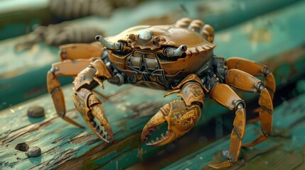 Futuristic robot crab crawling on old wood.