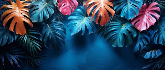 Naklejka premium Vibrant tropical monstera leaves, illuminated against a dark blue background, creating a lush and colorful botanical composition.