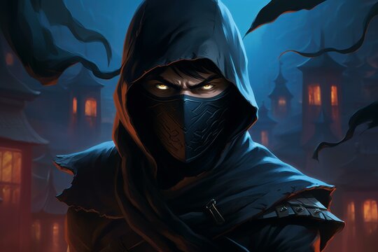 Digital illustration of a stealthy ninja with glowing eyes hiding in shadows with an ominous backdrop