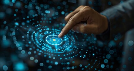 Businessman interacting with futuristic AR target icon on digital interface