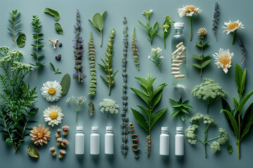 Natural remedies and medicinal plants for health and beauty care. Concept natural remedies, medicinal plants, holistic health care, top view, wellness products, 3d render