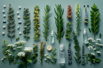 Natural remedies and medicinal plants for health and beauty care. Concept natural remedies, medicinal plants, holistic health care, top view, wellness products, 3d render