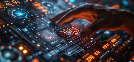 Hand interacting with futuristic hologram displaying 6G technology in a high-tech interface