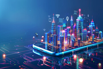 Smart city connected with planet through global mobile internet on phone. AI control city infrastructure, data traffic, ensure safety. World communication concept