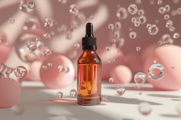 Bottle of glass with cosmetic serum on light blue background with transparent bubbles on background. Mockup of container with dropper, skincare and beauty concept, 3d render