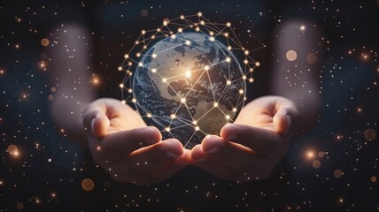 Businesswoman on blurred background holding holographic globe in her hands 3D rendering, Close up of woman hand holding global network connection concept. Mixed media
