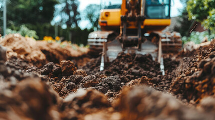 Fototapeta premium Close-Up of Crawler Backhoe on Soil