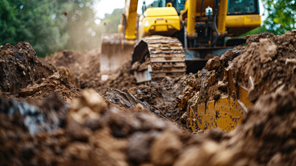 Fototapeta premium Close-Up of Crawler Backhoe on Soil