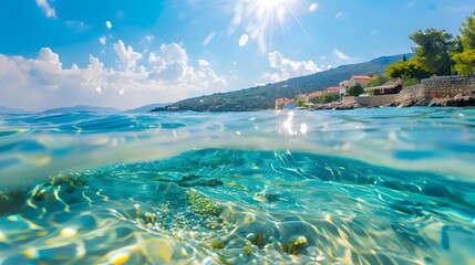 Obraz premium Split view horizon of blue sky with clouds and deep blue underwater ocean. Breathtaking Oceanic Panorama - with copy space to insert ads.