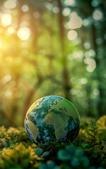 Earth in green forest with sunlight. Vertical shot