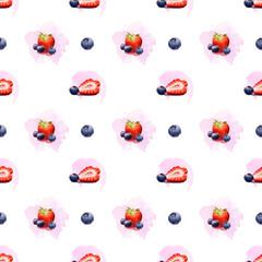 Seamless pattern with strawberries and blueberries on a background of light watercolor stains
