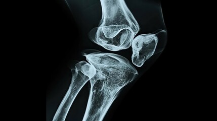 A clear Xray image of a knee joint and vertebrae, carefully crafted for a chiropractic knee pain consultation ad, emphasizing detailed orthopedic evaluation