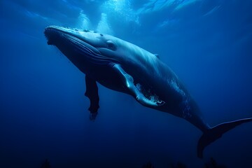 Fototapeta premium A humpback whale gracefully swimming in the ocean, majestic marine mammal in its natural habitat. Blue sea background.